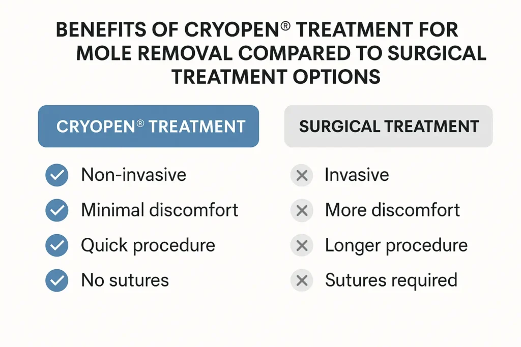 Table to show the benefits of getting moles removed Acton Green from LA LIPO