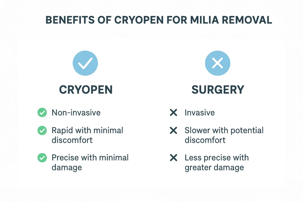 Benefits of cryopen for milia removal Acton Green compared to surgical treatments.
