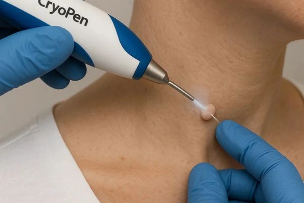 Person receiving cryotherapy Acton Green for skin tag removal