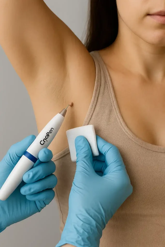 woman having cryopen to remove underarm skin tags Acton Green