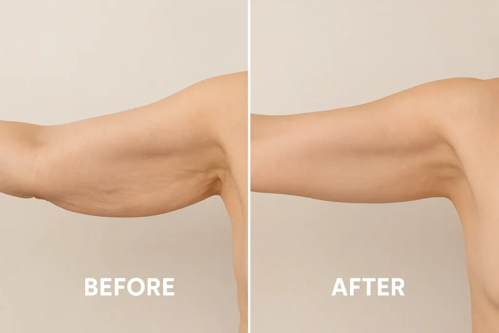 Picture of LA LIPO Acton Green before and after results of skin tightening treatment on the upper arms.
