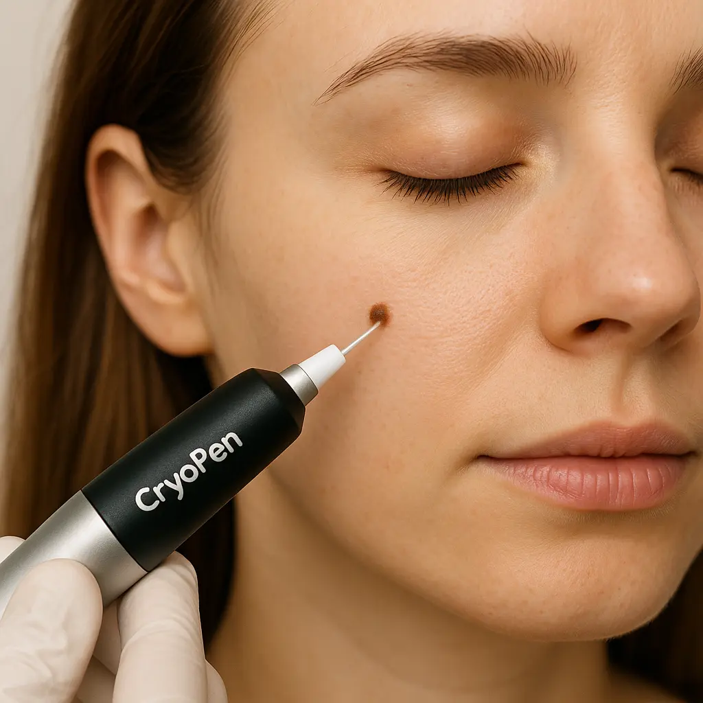 woman receiving facial mole removal Acton Green using cryopen 