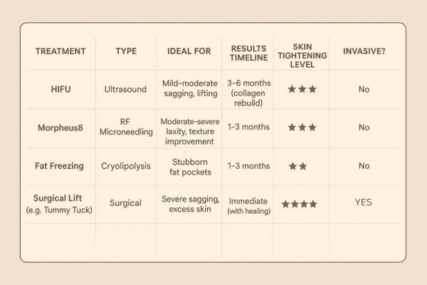 Table showing the comparisons of Skin tightening Acton Green treatment options.